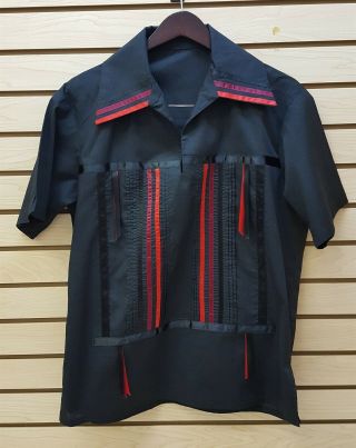 Homemade Large Black Pleated Front Native American Indian Ribbon Dance Shirt