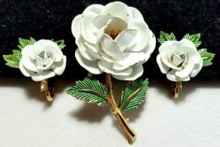 Vintage Gold Crown Trifari White Rose Flower Brooch Pin & Earring Set