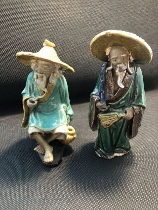 Vintage Chinese Mud Man Two Figurines 1930s 4,  Inches Tall One Stamped China