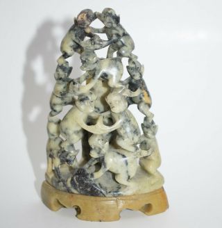 Soapstone Pyramid Of 10 Monkeys Climbing Miniature Carving Chinese Marbled Vtg