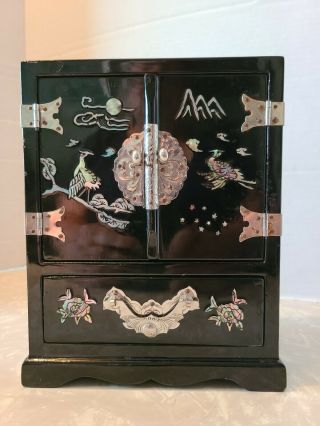 Vintage Chinese Black Lacquer Jewelry Box Mother Of Pearl Inlay 4draw