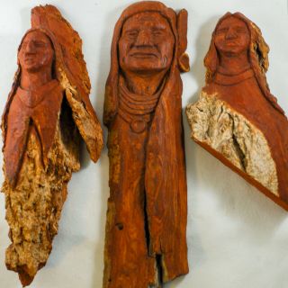 Set Of 3 Hand Carved Wood Native American Tree Spirits Wall Art
