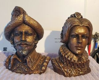 Vintage Mid Century Spanish Conquistador And Woman Bisque Heads.