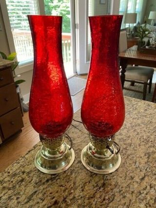 Two 16.  5 " Crackle Red Glass Hurricane Brass Electric Lamps Vtg Exc