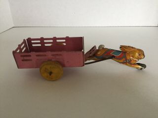 Vintage Tin Litho Toy Bunny Rabbit Pulling Cart Wood Wheels Easter Made In Usa