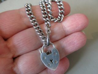 Vintage Sterling Silver Padlock Clasp Charm Bracelet Curb Chain Bolt Ring Old Uk