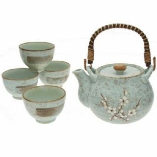 Set Of 5 Japanese Porcelain Tea Pot Cups Grey Ume Cherry Blossom Made In Japan