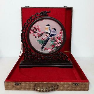Chinese Handmade Suzhou Embroidery Screen (with Stand/decorative Box) - Lovebirds