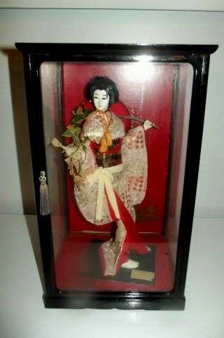 Vtg Japanese Fujimusume Wisteria Maiden Geisha Doll In Black Lacquer 18 " Case