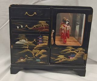 Vintage Japanese Jewelry Music Box Spinning Geisha Hand Painted Black Lacquer
