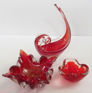 3 X Vintage Heavy Red Murano Glass Ash Tray Bowls Art Deco Sweet Smokey Dishes