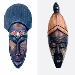 Vintage Hand - Carved Wooden African Masks Tribal Ghana Art 16” X 7” - Set Of 2