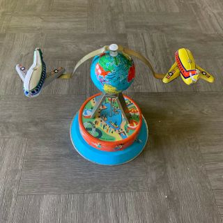 Vintage Tin Wind Up Toy Litho Airplanes World Globe Earth Planes Spin Around Old