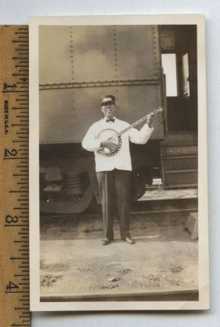 Vintage Black Americana Photo Train Porter Man Playing Banjo Musician