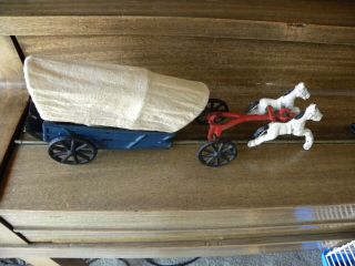 Vintage Cast Iron Toy Horse Drawn Covered Wagon 2