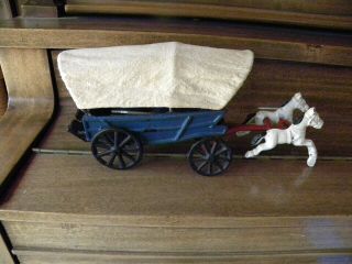 Vintage Cast Iron Toy Horse Drawn Covered Wagon 3