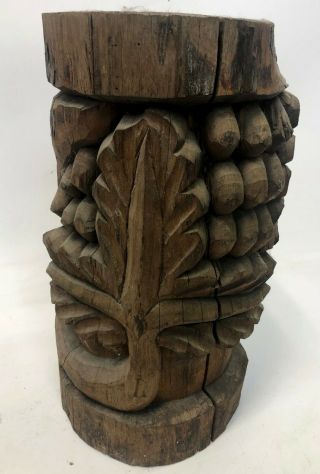 Vintage 15 " Heavy Solid Log Tribal Carved Wood Grape Leaf Plant Stand Pedestal