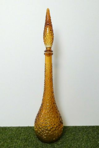 Vintage Italian Empoli Large Tall Genie Bottle Decanter Bubble Glass Amber MCM 3