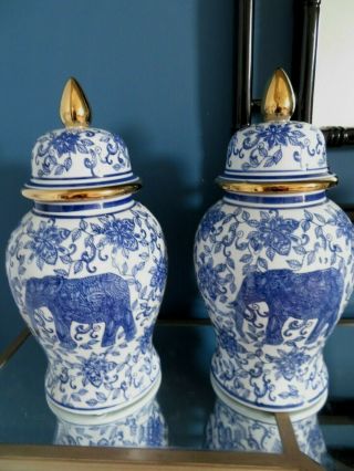 Chinoiserie Elephant Ginger Jar 15.  5 " Blue & White Asian Motif Gold