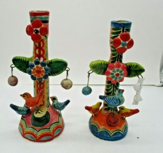2 Mexican Pottery Folk Art Tree Of Life Candle Holders Birds Flowers
