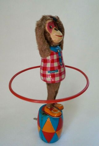 Vintage Plaything Mechanical Monkey Hula Hooping Fuzzy Arms Legs 9 " Tin Wind Up