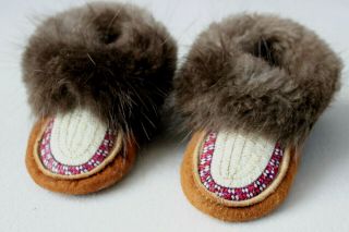 Dene Childs Moosehide Moccasins With Decorative Quillwork And Beaver Fur