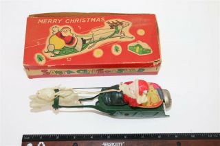 Vintage Japan Tin & Celluloid Windup Mechanical Santa Claus In Sleigh W/ Box -