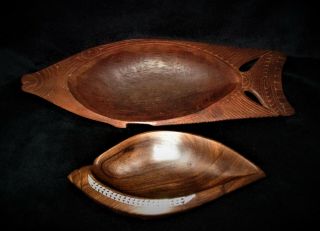 Pacific 2 Solomon Islands Carved Wood Bowls Mother Of Pearl Inlay Shell Fish