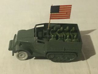 1950s Marx Half Track Green Hard Plastic & 8 Sitting Soldiers For Playset