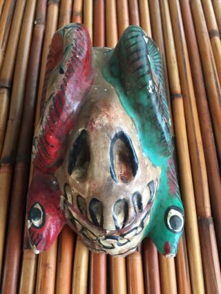 Mexican Folk Art Carved Wood Snakes On Face Mask From Oaxaca México 2