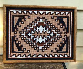 Vintage Native American Indian Framed Needlepoint Of Navajo Rug