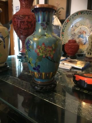 Vintage Copper Cloisonne China Blue Floral Enamel Vases 9 1/2 " Tall