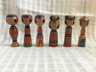 Vint Kokeshi 6set Japanese Wooden Doll:sined Niiyama Sakyo 3.  5 " 79 