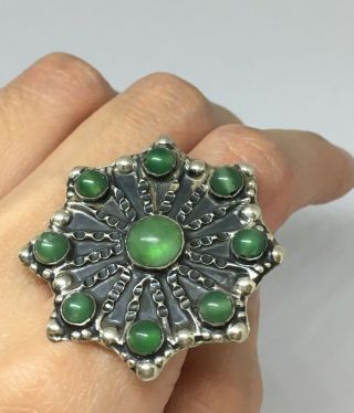 Vtg Mexico Huge Jadeite Jade Sterling Silver Ring 9 - Sizeable (10.  5g)