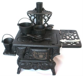 Vintage Toy Crescent Cast Iron Miniature Wood Cook Stove W/accessories Exc