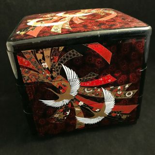 Vtg Japanese 3 - Tier,  Stackable Black Lacquer Box Japan Ono With Flying Cranes