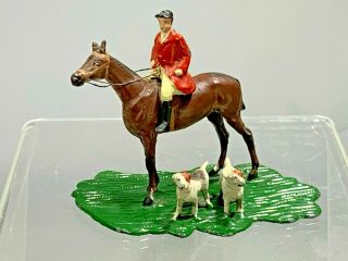 Antique Austrian Fox Hunting Figurines Horse,  Hunter,  Two Dogs On Grass Knoll
