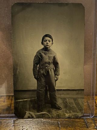 Civil War Era Tintype Photograph,  Young Boy In Uniform,  Drummer Boy?
