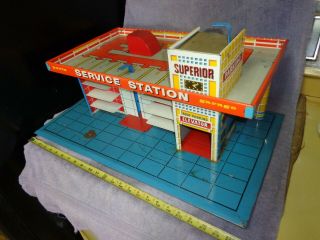 Vintage Large 24 " Tin Litho T Cohn Superior Service Station Garage Play Set