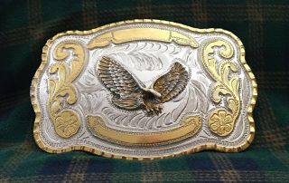Huge 5 1/2 Inch Vintage Silver & Gold 3d Flying Eagle Western Trophy Belt Buckle