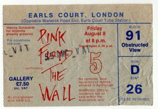 Pink Floyd Ticket Vintage The Wall Earls Court Night 5 1980