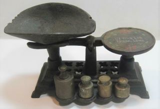 Vtg Miniature Cast Iron Balance Scale 4 Weights Salesman Sample Toy Advertising