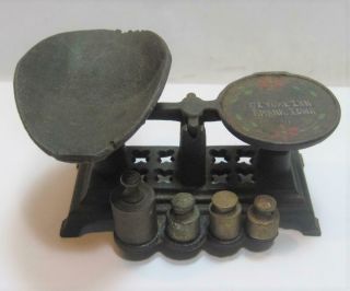 VTG Miniature Cast Iron Balance Scale 4 Weights Salesman Sample Toy Advertising 2