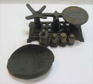 VTG Miniature Cast Iron Balance Scale 4 Weights Salesman Sample Toy Advertising 3