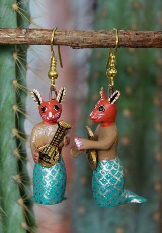 Mouse Mermaid Alebrije Earrings By Ana Xuana Handmade Oaxaca Mexican Folk Art
