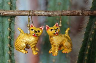 Alebrije Kitty Cat Earrings Detailed - Ana Xuana Handmade Oaxaca Mexico Folk Art