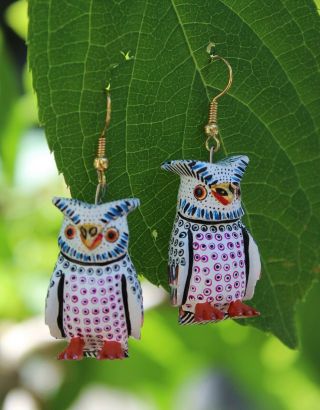 Alebrije Owl Earrings Detailed By Ana Xuana Handmade Oaxaca Mexican Folk Art