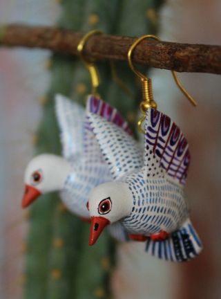 Alebrije White Peace Dove Earrings By Ana Xuana Handmade Oaxaca Mexico Folk Art