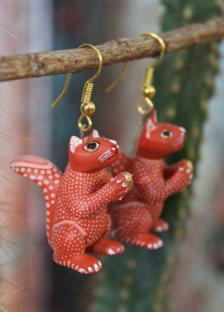 Alebrije Squirrel Earrings Detailed By Ana Xuana Handmade Oaxaca Mexico Folk Art