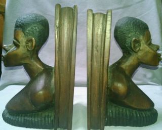 Vintage African Art Carved Wood Head Bust Bookends